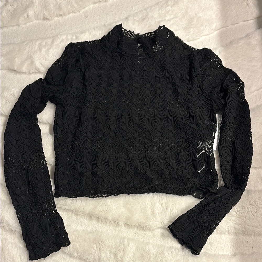 Hurley Black Lace Fitted Crop Blouse with Mandarin Collar